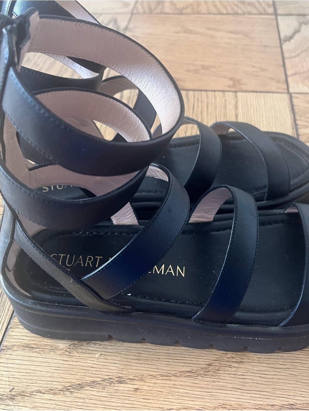Stuart Weitzman Gala Lift Tall Black Leather Gladiator Sandal Size 9.5 - Picture 9 of 14